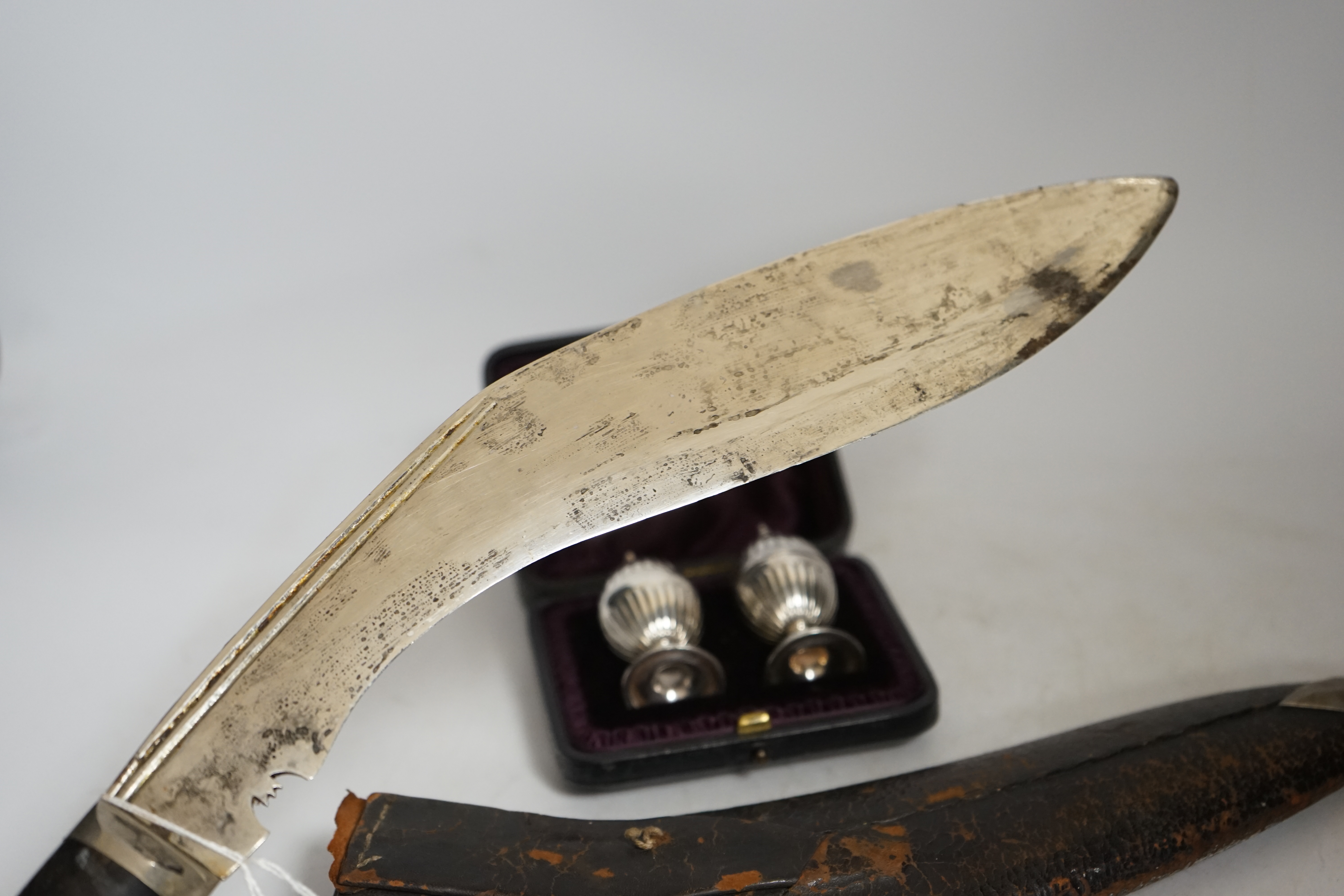 A Kukri and pair of silver peppers